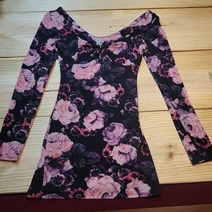 Free People Black & Pink Floral Mini Dress Size Medium Summer Casual Longsleeve